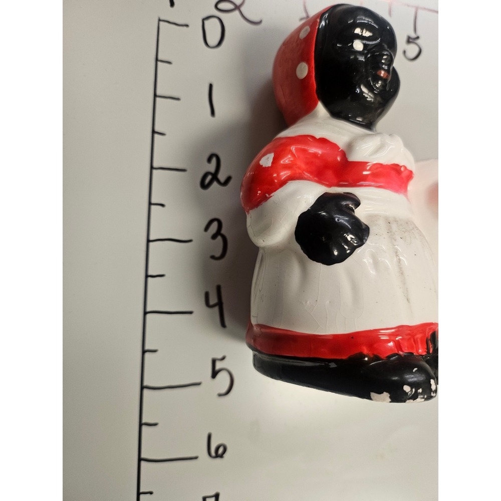 Vintage Ceramic Mammy Figurine Red White Black Polka Dot Shaker 4.5 Inch